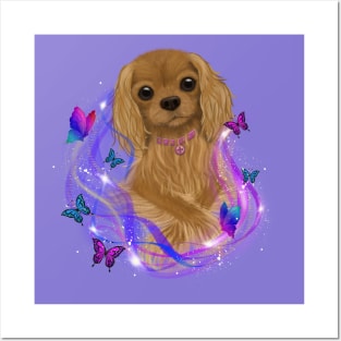 Magical Cavalier King Charles Spaniel and Butterflies, Ruby Posters and Art